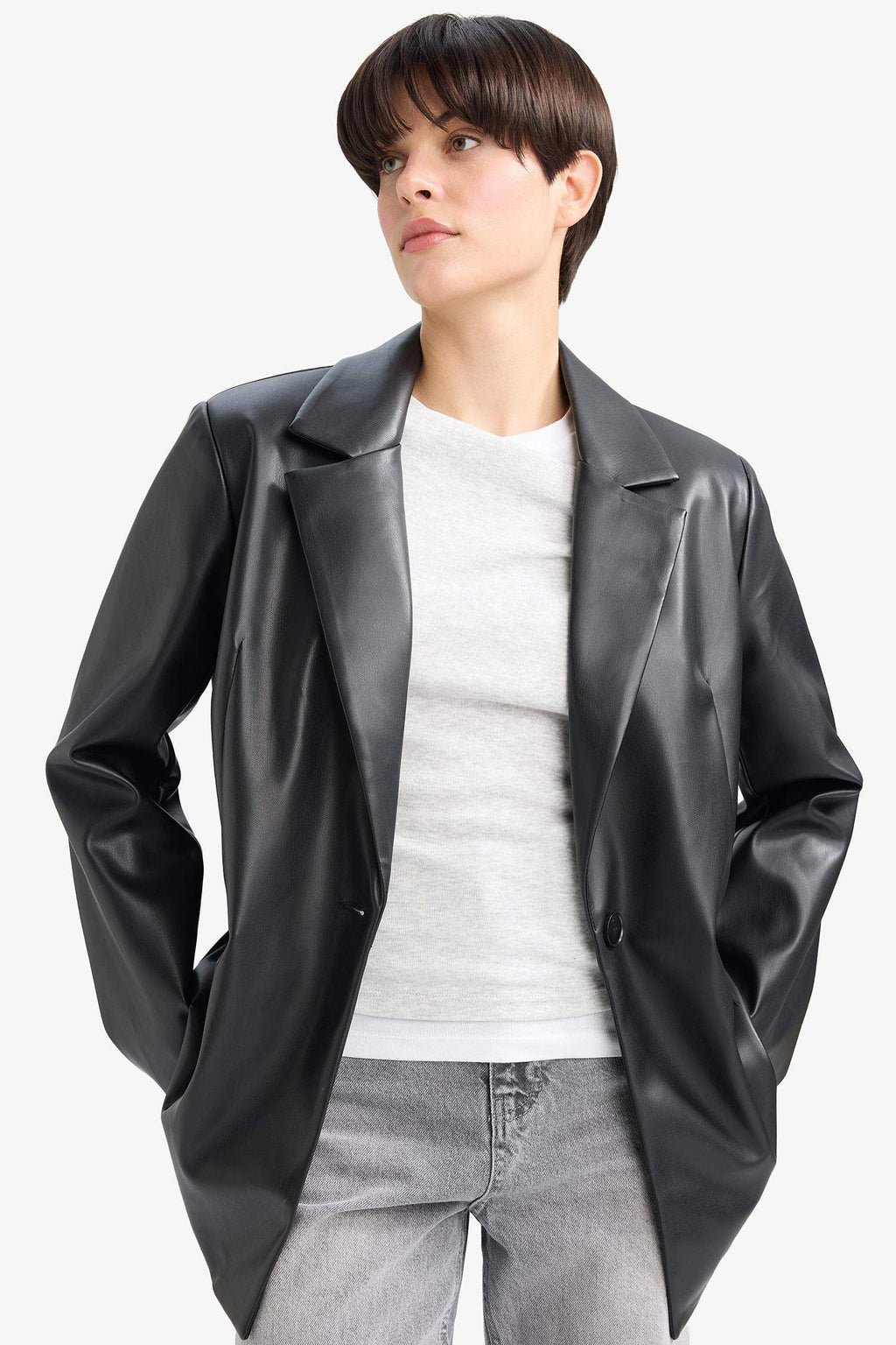 Oversize Fit Jacket Collar Faux Leather Blazer