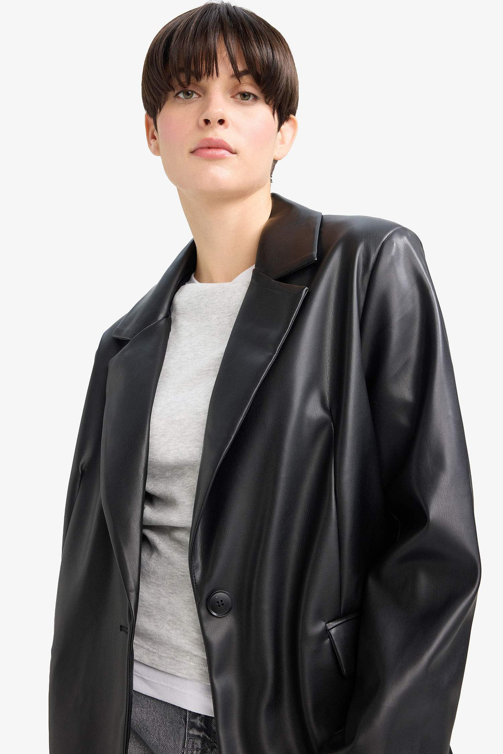Oversize Fit Jacket Collar Faux Leather Blazer