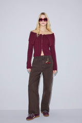 Barrel Fit Regular Waist Cherry Charm Gabardine Trousers