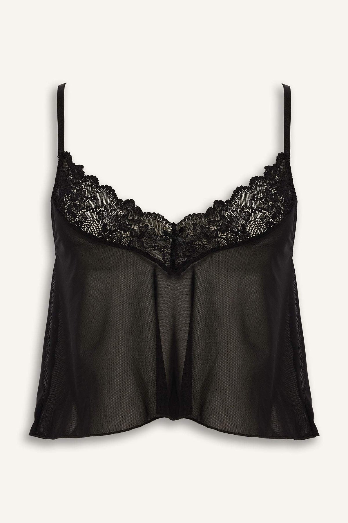 Regular Fit Lace Detail Thin Strap Tulle Top