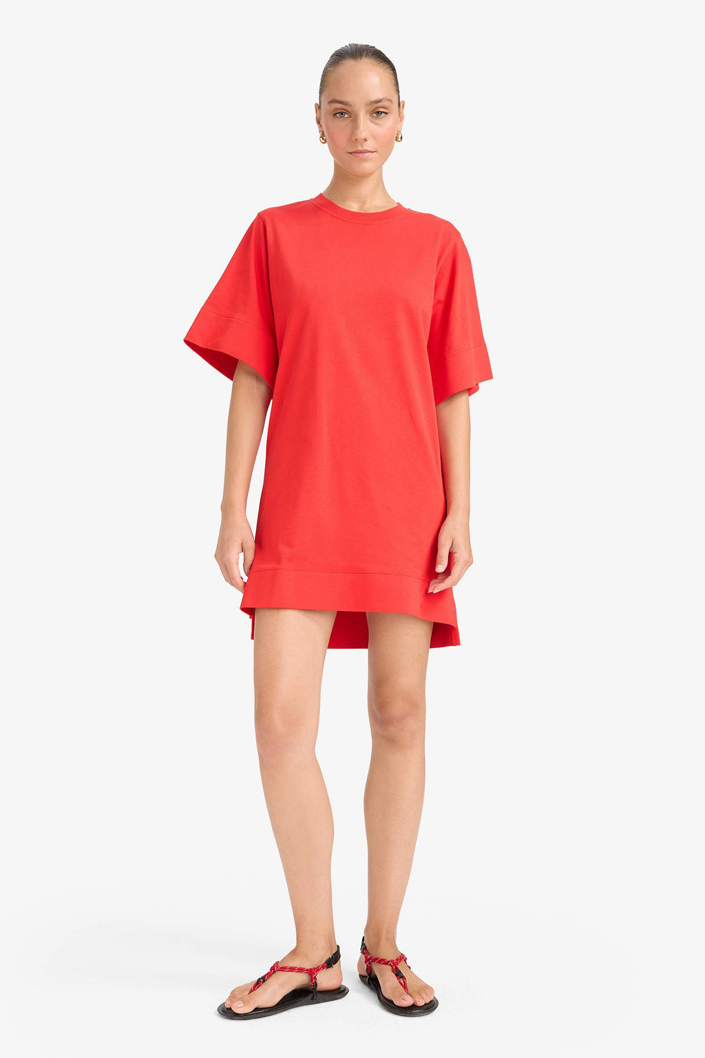 A-line Crew Neck Cotton Short-Sleeved Mini Dress