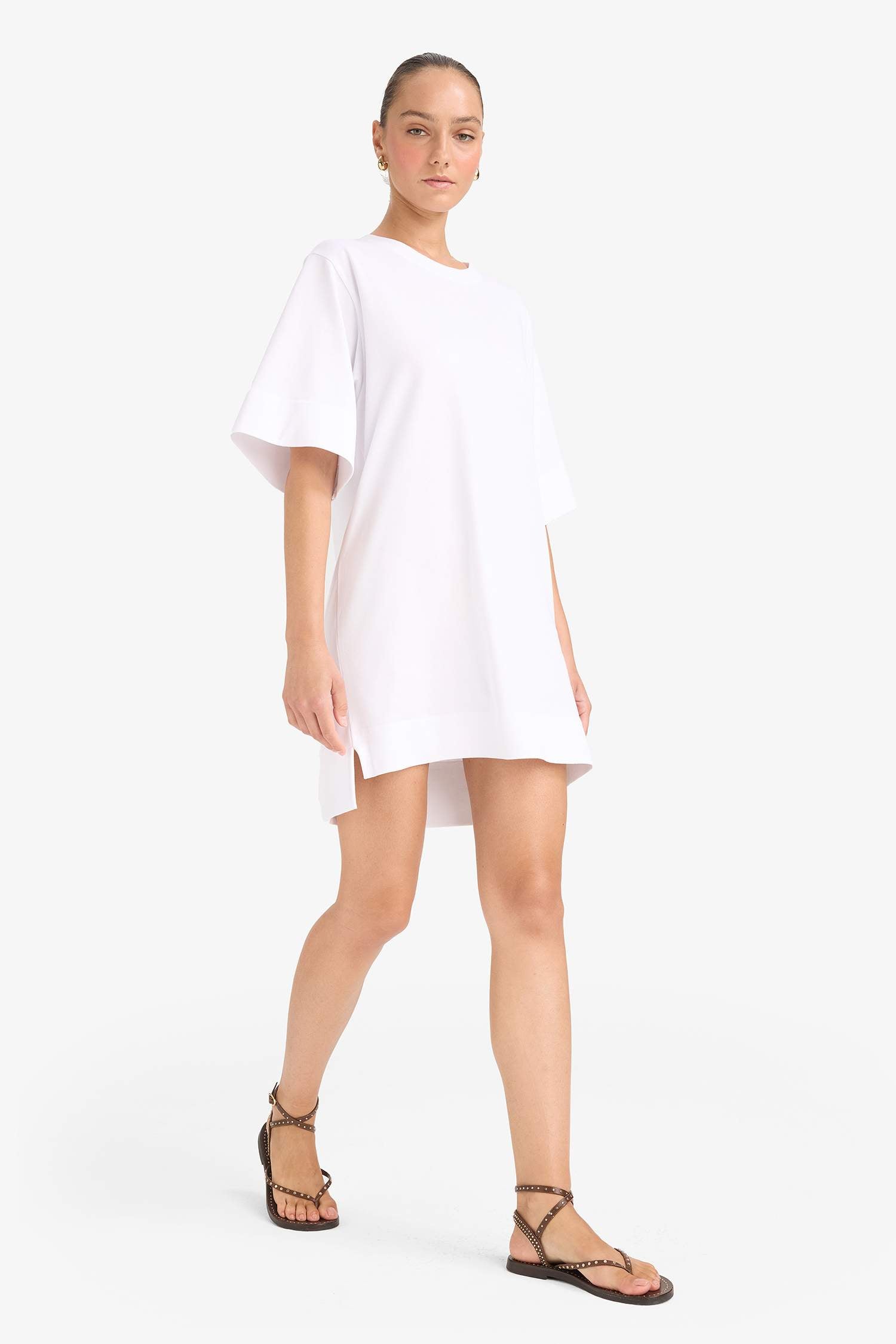 A-line Crew Neck Cotton Short-Sleeved Mini Dress