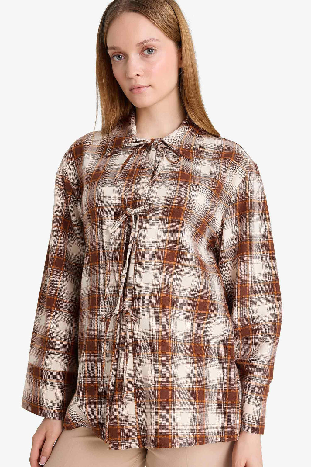 Regular Fit Checkered Flannel Front Tie Long Sleeve Tunic