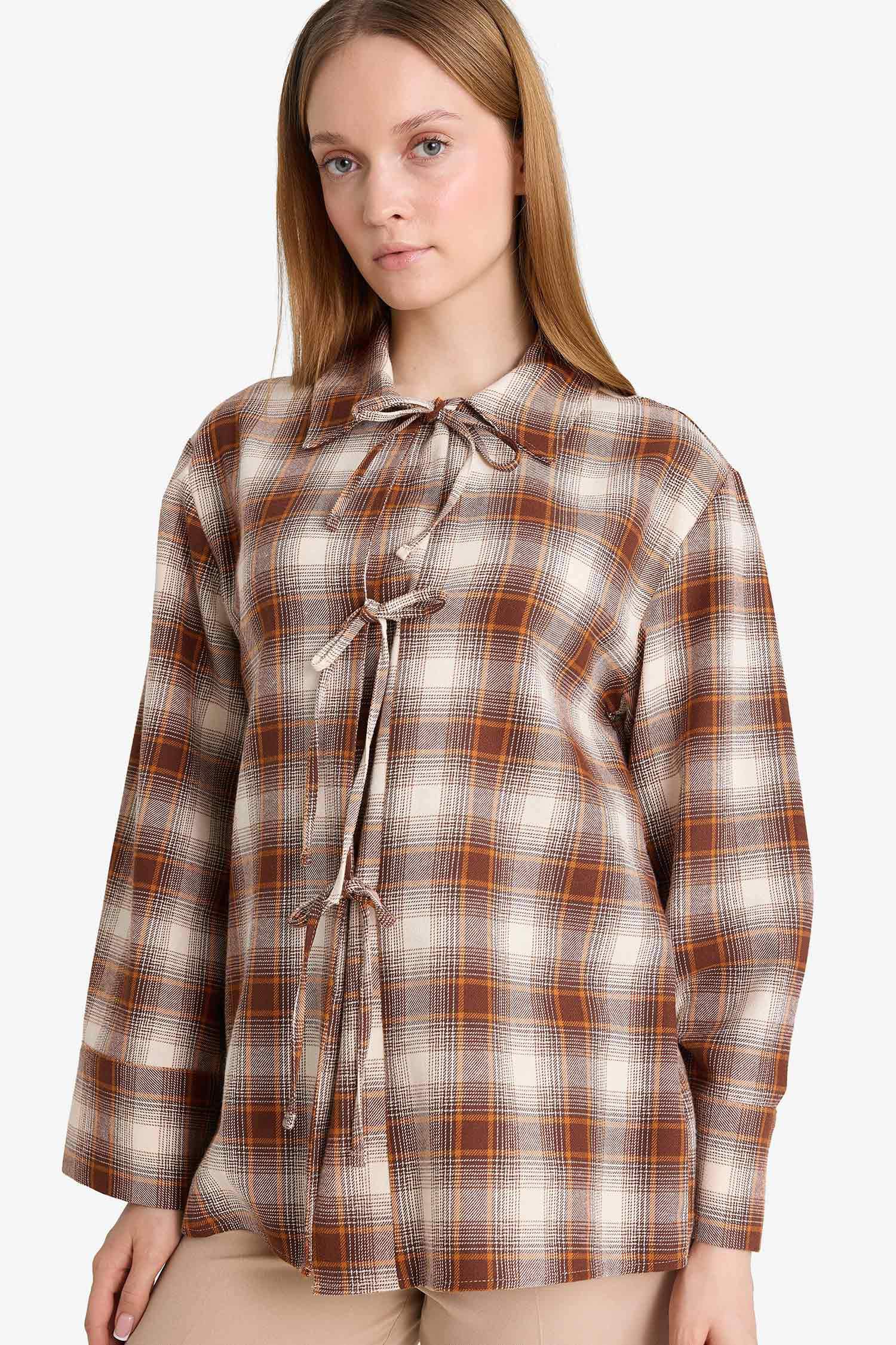 Regular Fit Checkered Flannel Front Tie Long Sleeve Tunic