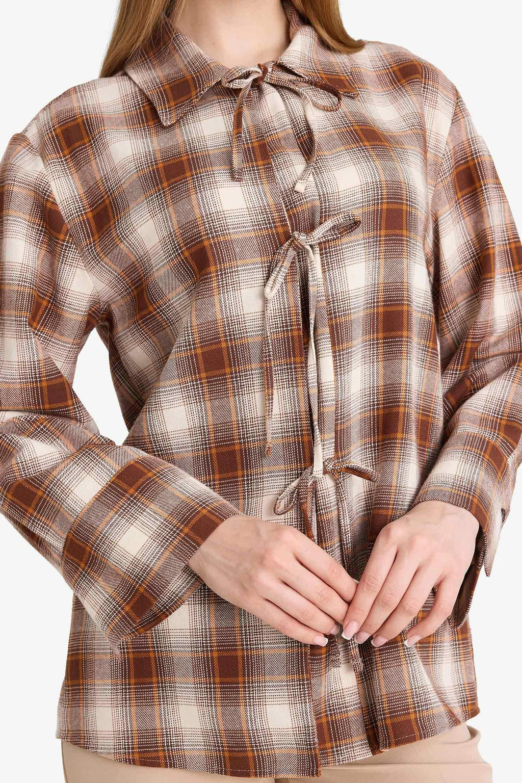 Regular Fit Checkered Flannel Front Tie Long Sleeve Tunic