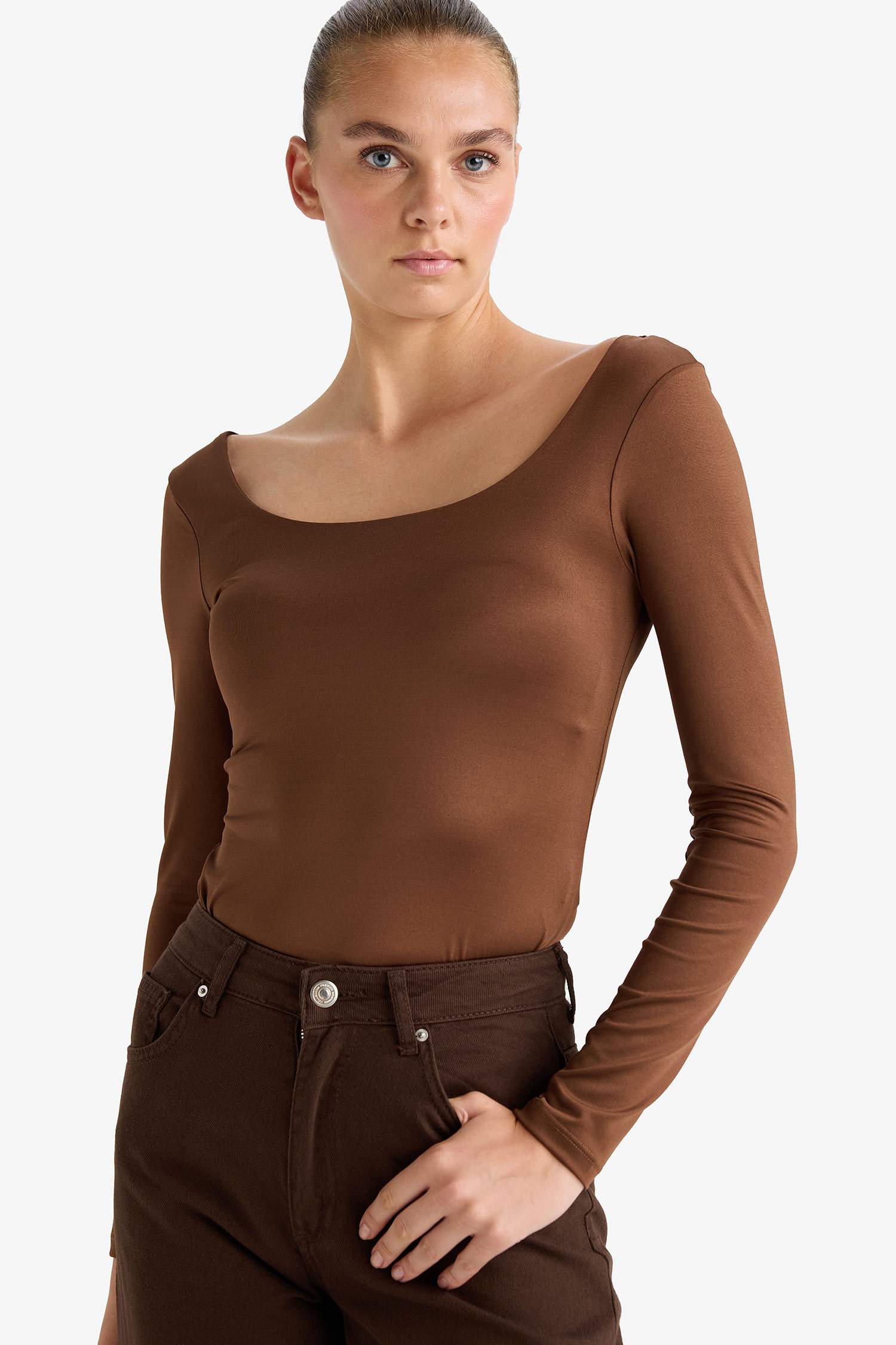 Square Neck Long Sleeve Snap Button Bodysuit