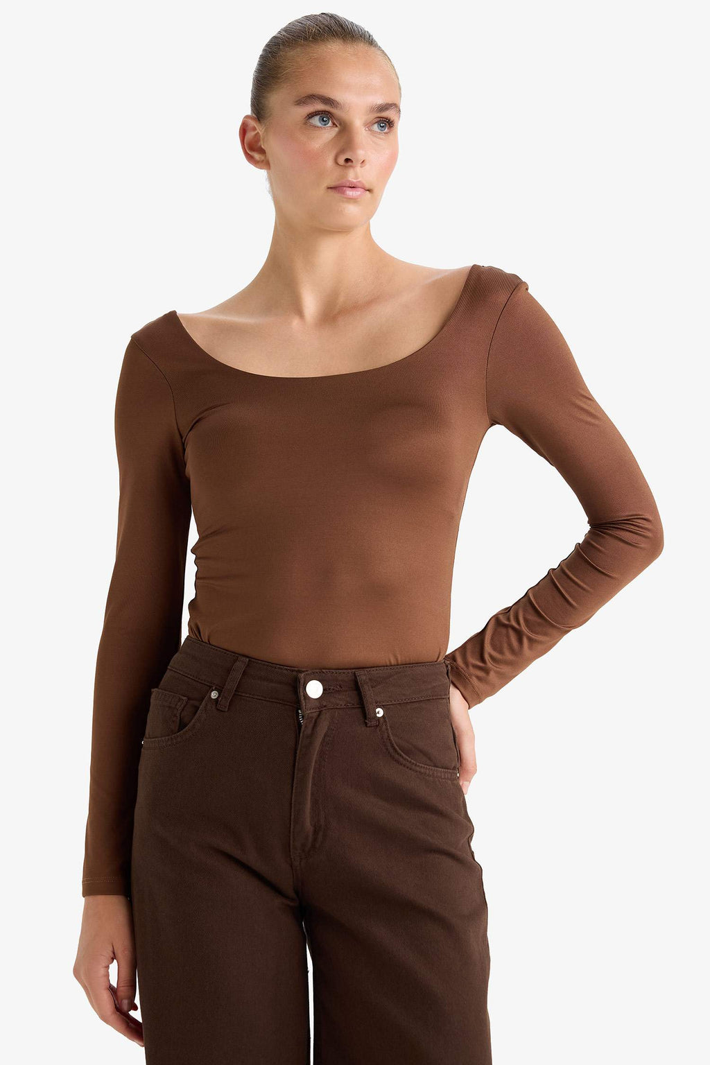Square Neck Long Sleeve Snap Button Bodysuit