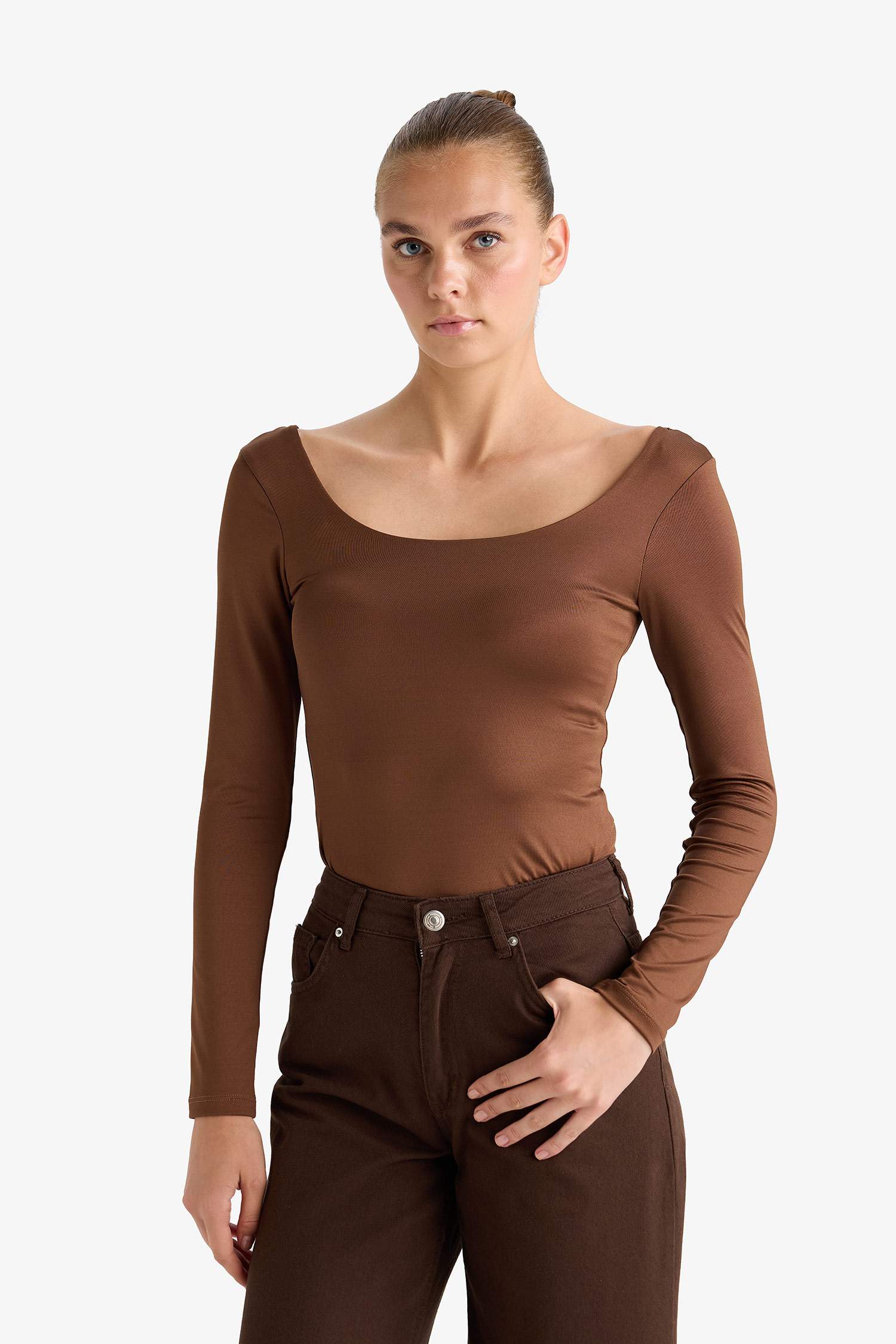 Square Neck Long Sleeve Snap Button Bodysuit