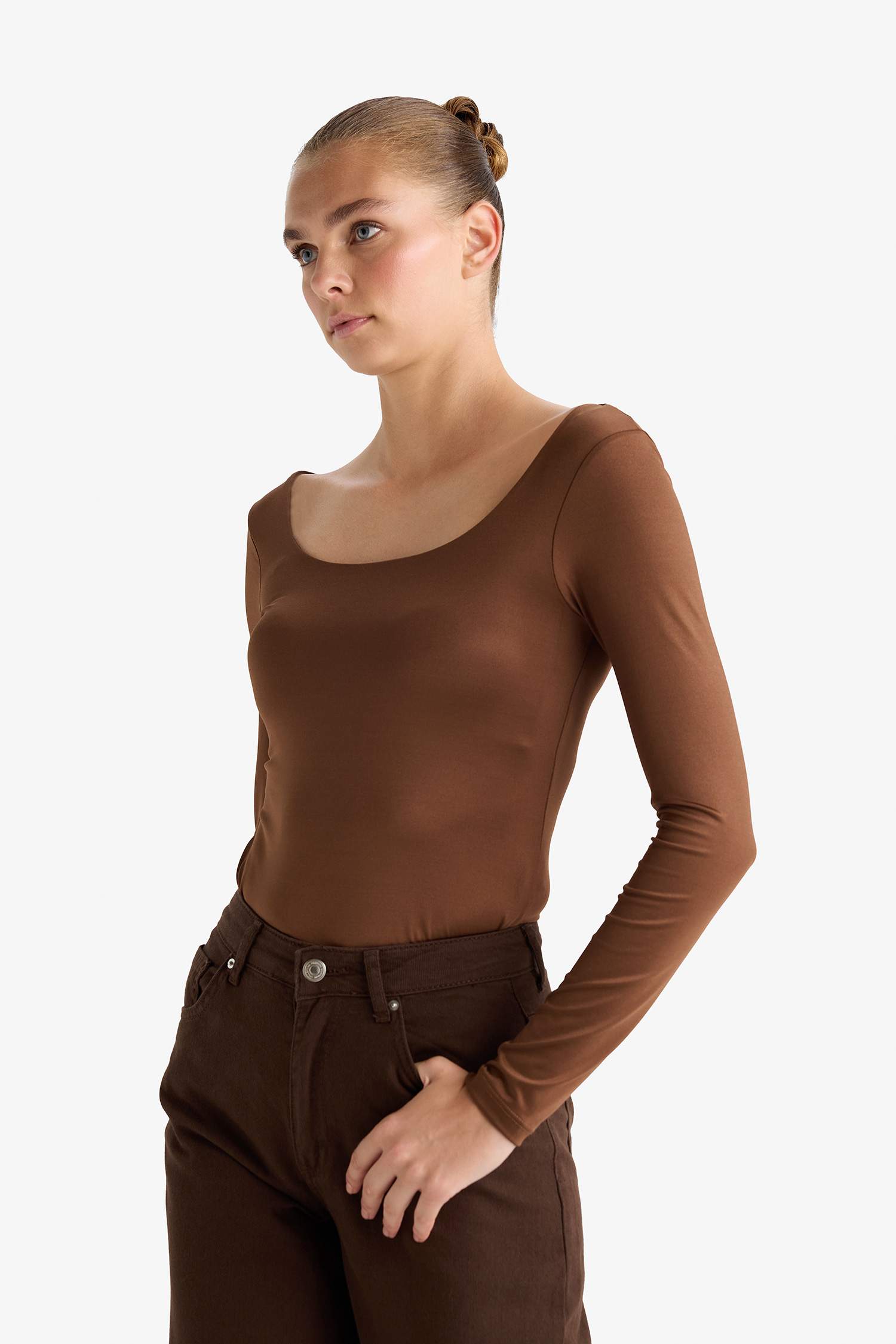 Square Neck Long Sleeve Snap Button Bodysuit