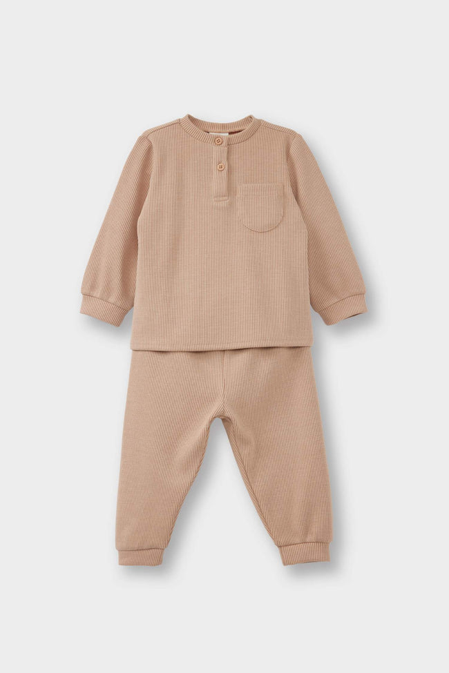 Baby Boy Pajama Set: Long-Sleeved Waffle Top and Long Bottoms Hover Image