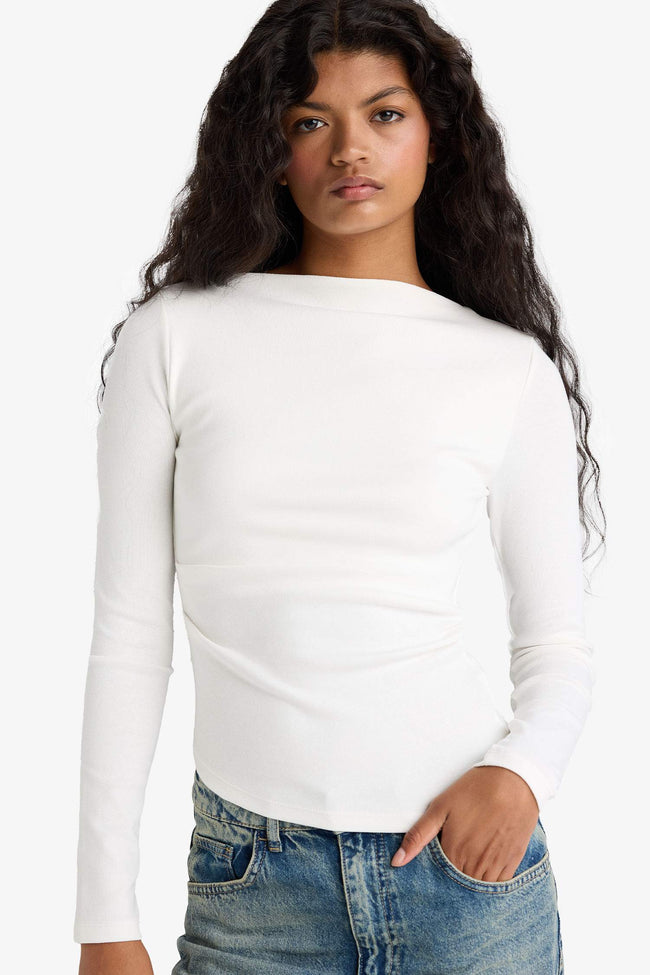 Slim Fit Narrow Cut Boat Neck Ribbed Long Sleeve T-shirt Hover Image