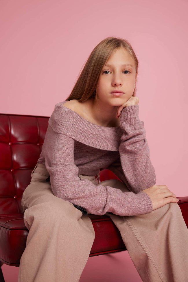Girls Off-Shoulder Knitted Sweater Hover Image