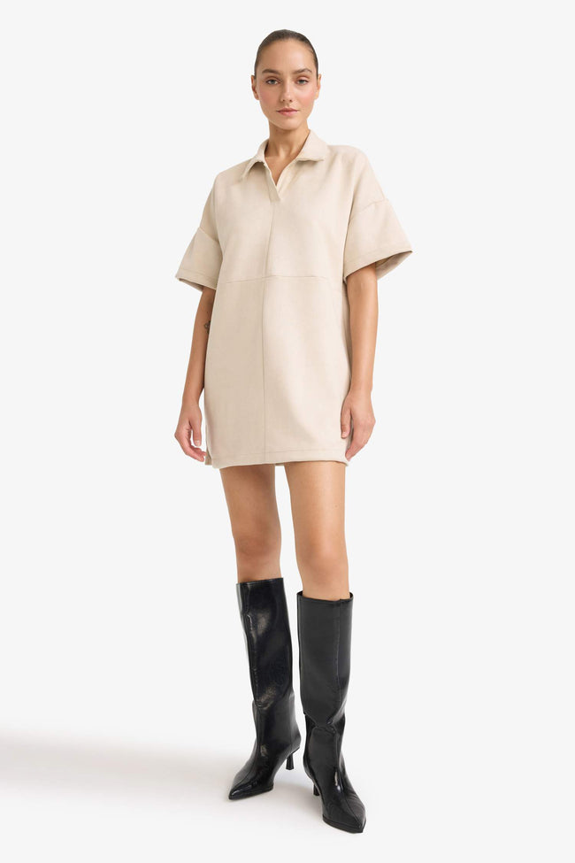 A-Line Polo Neck Suede Short Sleeve Mini Dress Hover Image