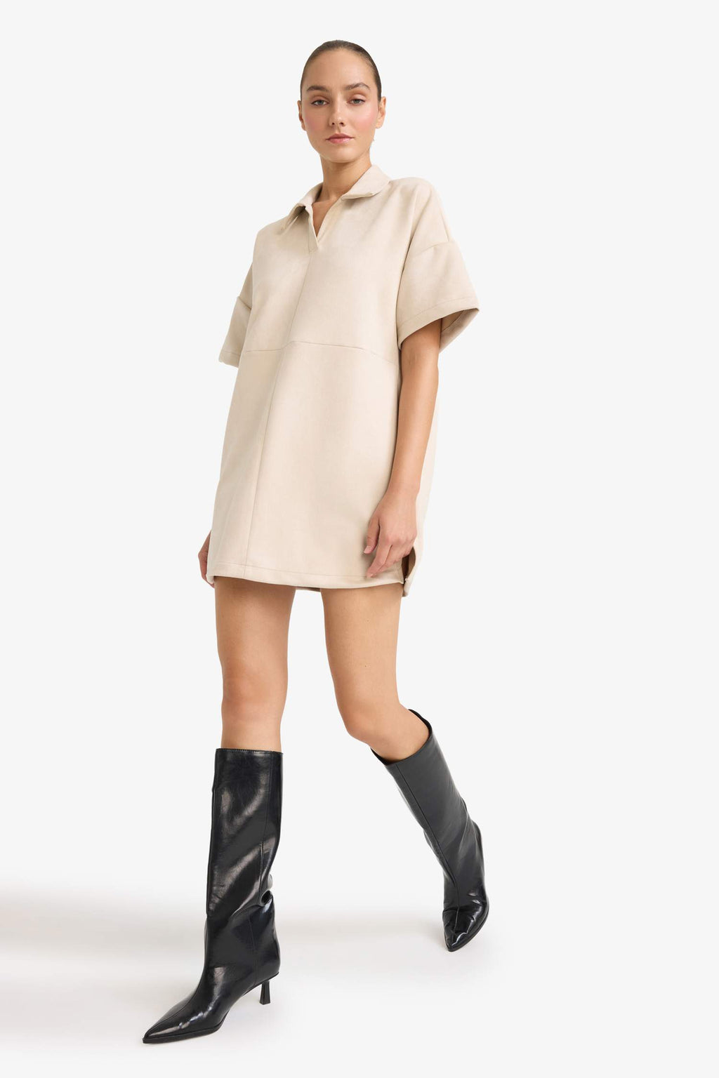 A-Line Polo Neck Suede Short Sleeve Mini Dress