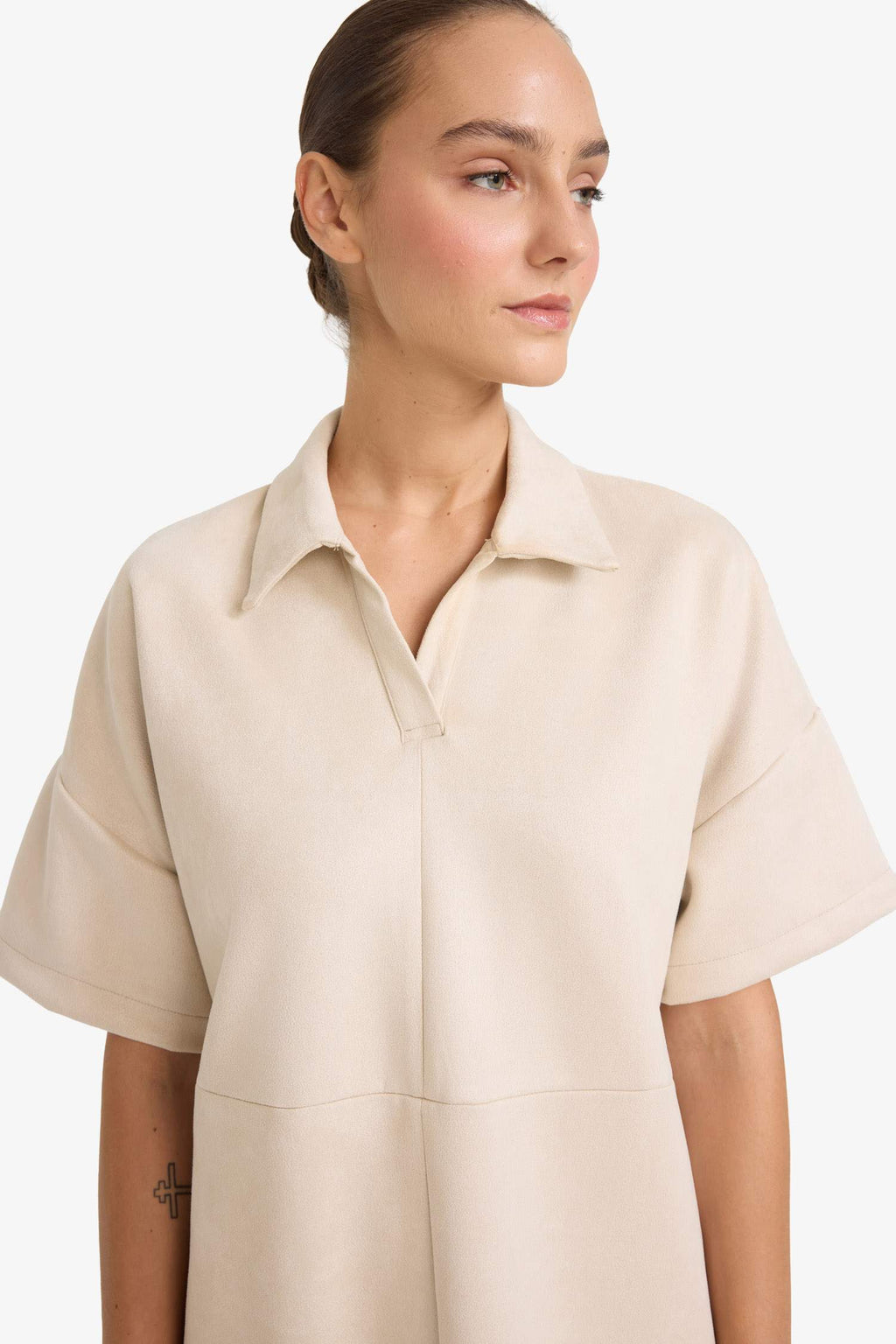 A-Line Polo Neck Suede Short Sleeve Mini Dress