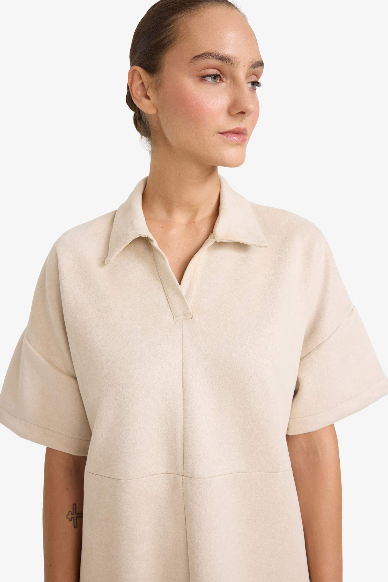 A-Line Polo Neck Suede Short Sleeve Mini Dress