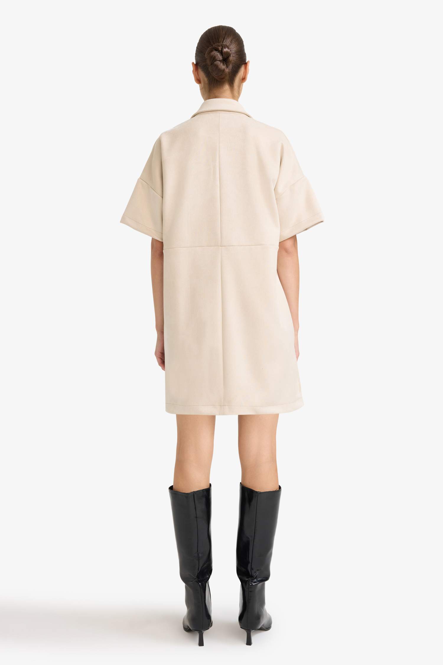 A-Line Polo Neck Suede Short Sleeve Mini Dress