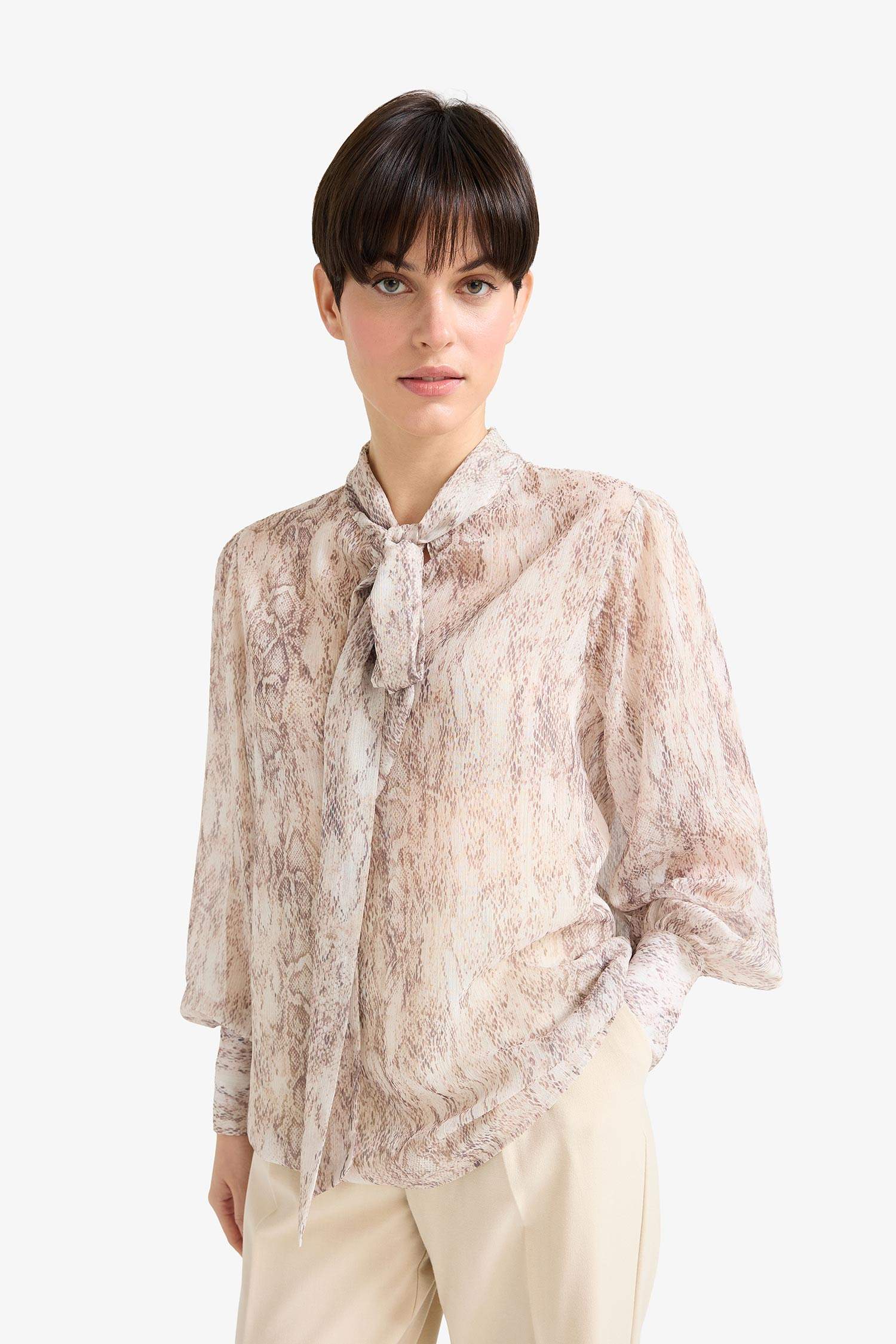 Regular Fit Bow Neck Snake Pattern Chiffon Long Sleeve Blouse