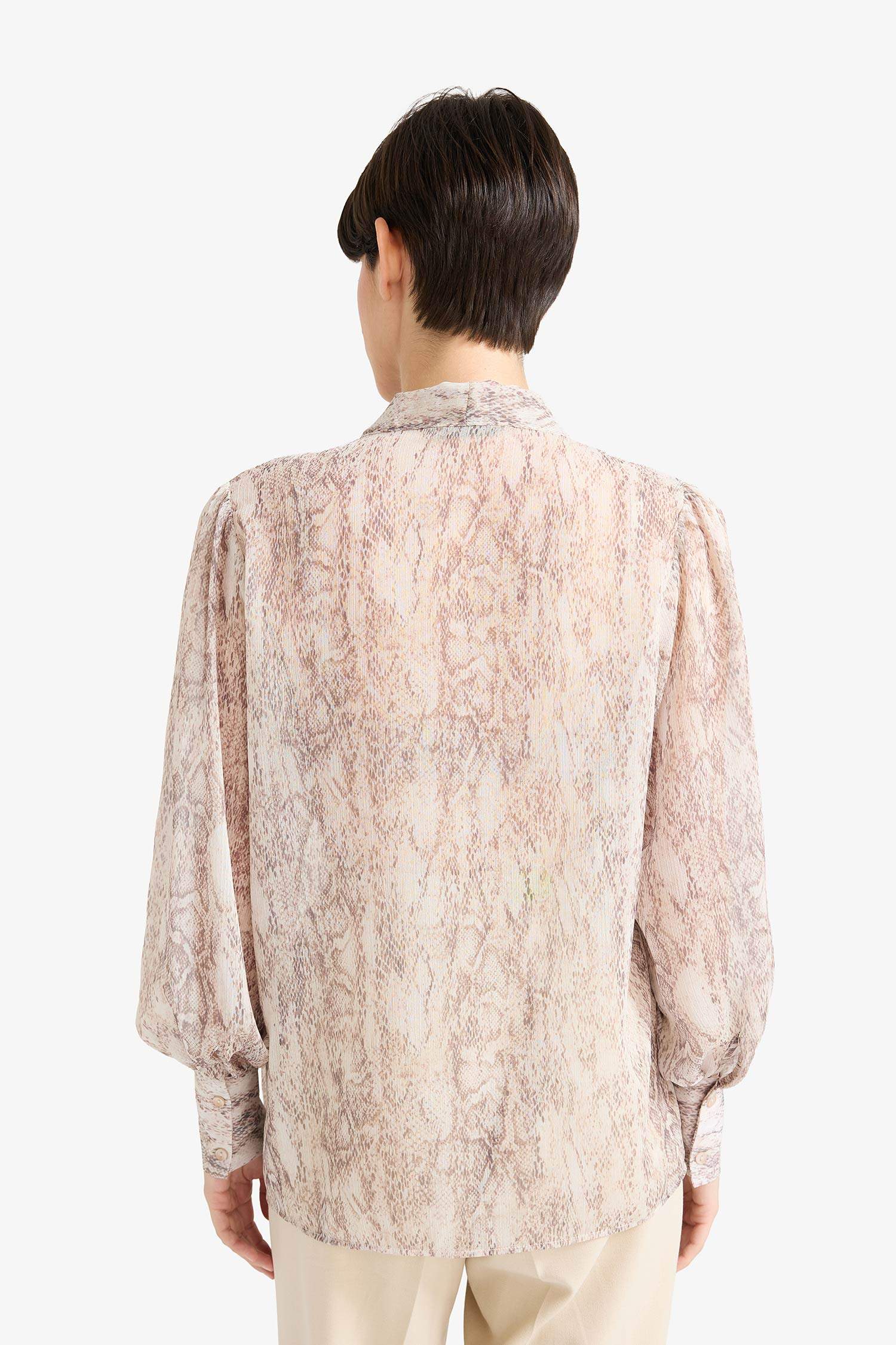 Regular Fit Bow Neck Snake Pattern Chiffon Long Sleeve Blouse