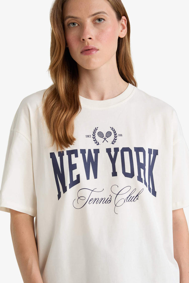 Oversize Loose Fit Crew Neck Printed Short Sleeve T-Shirt Hover Image