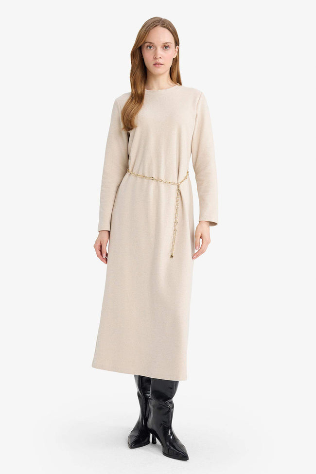 Regular Fit Crew Neck Long Sleeve Belted Maxi Dress Main Image