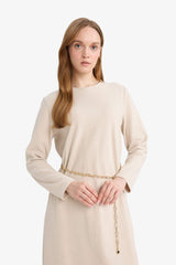 Regular Fit Crew Neck Long Sleeve Belted Maxi Dress