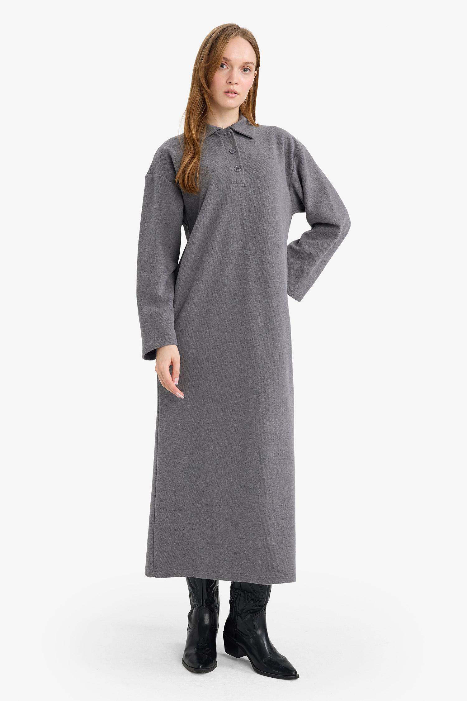 Regular Fit Polo Collar Long Sleeve Maxi Dress