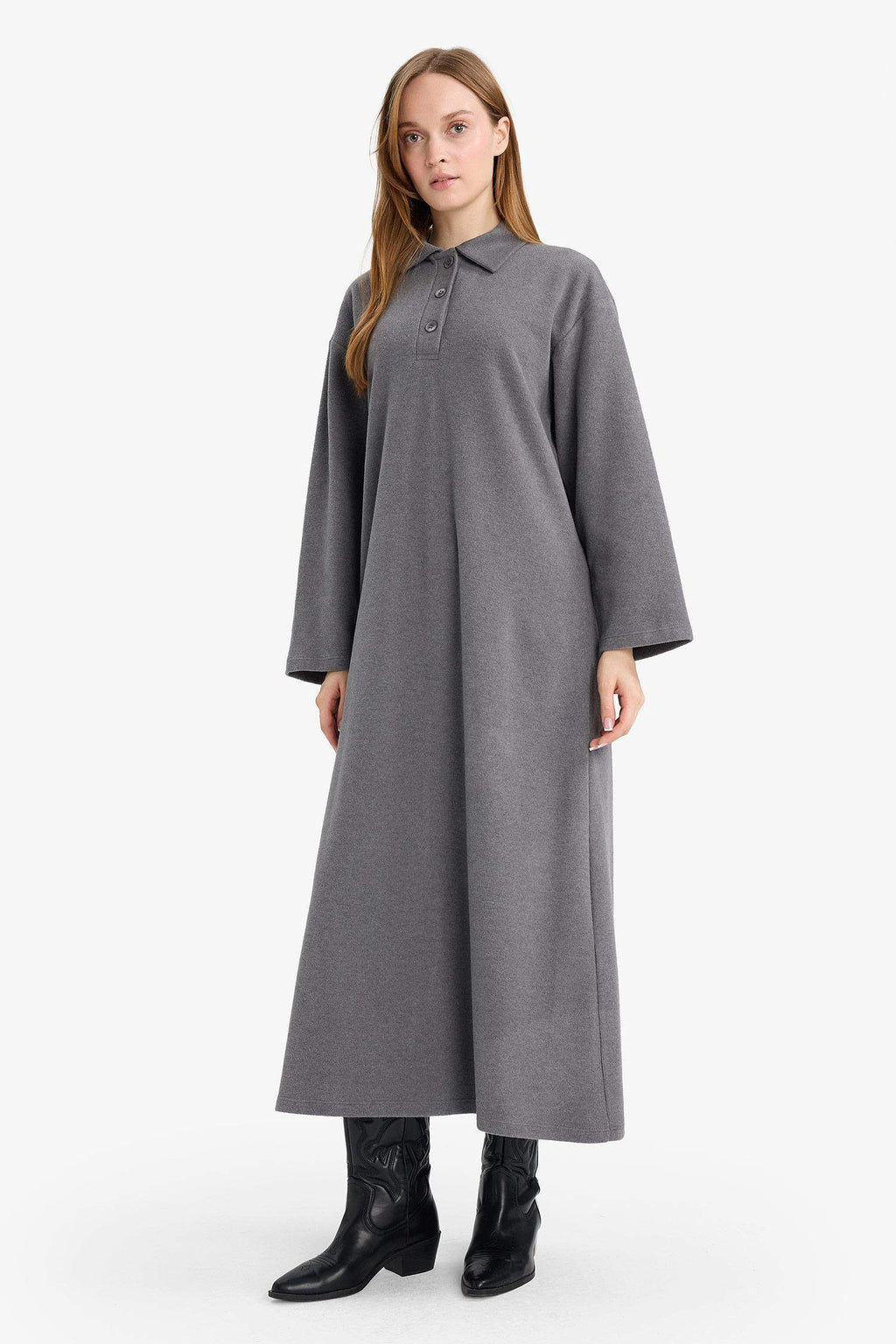 Regular Fit Polo Collar Long Sleeve Maxi Dress