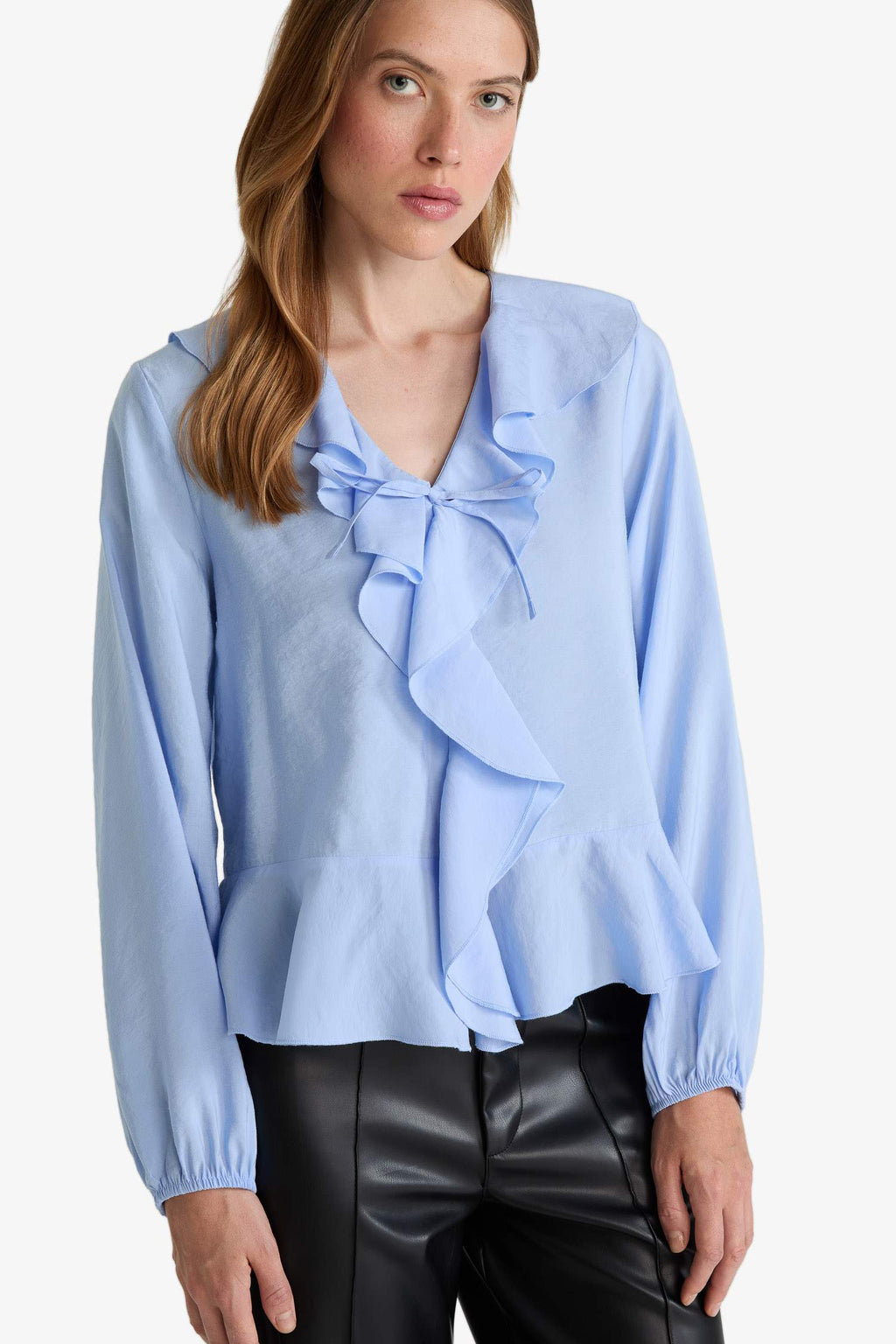 Regular Fit V-Neck Modal Ruffled Long-Sleeve Blouse