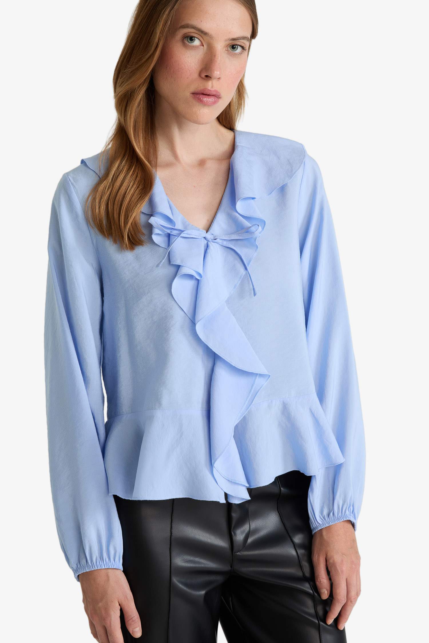 Regular Fit V-Neck Modal Ruffled Long-Sleeve Blouse