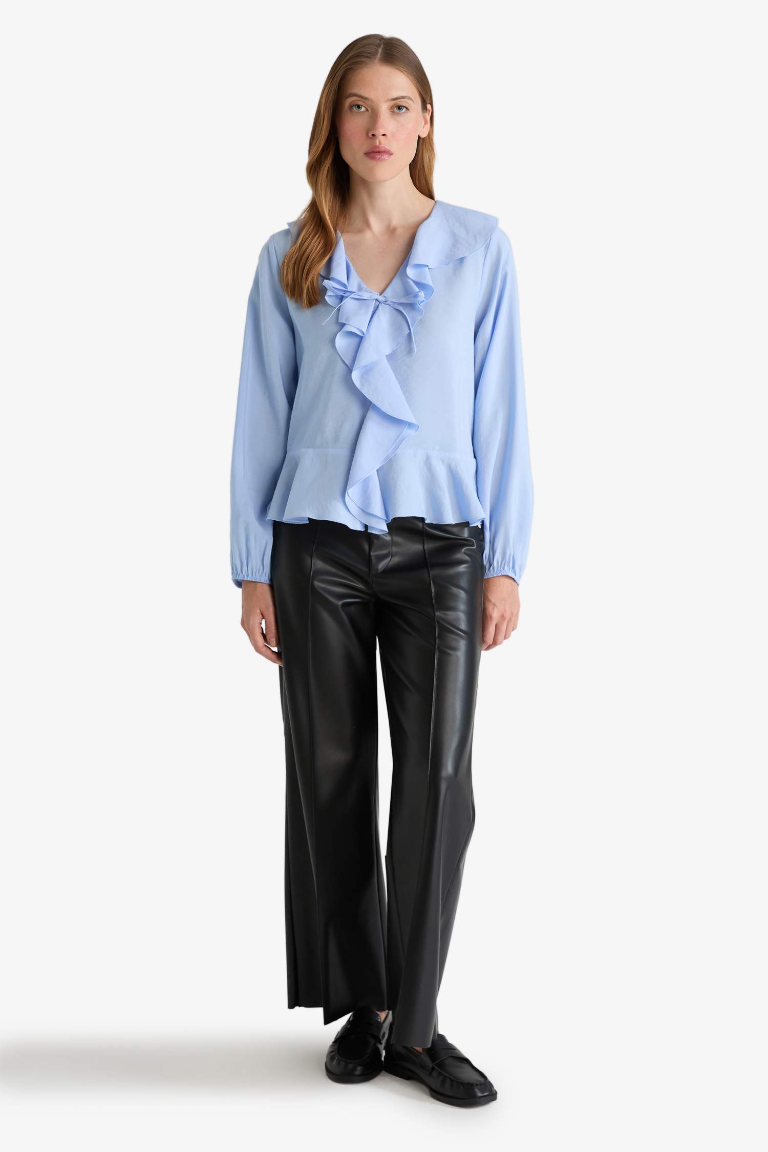 Regular Fit V-Neck Modal Ruffled Long-Sleeve Blouse