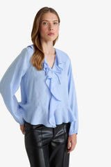 Regular Fit V-Neck Modal Ruffled Long-Sleeve Blouse
