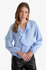 Regular Fit V-Neck Modal Ruffled Long-Sleeve Blouse