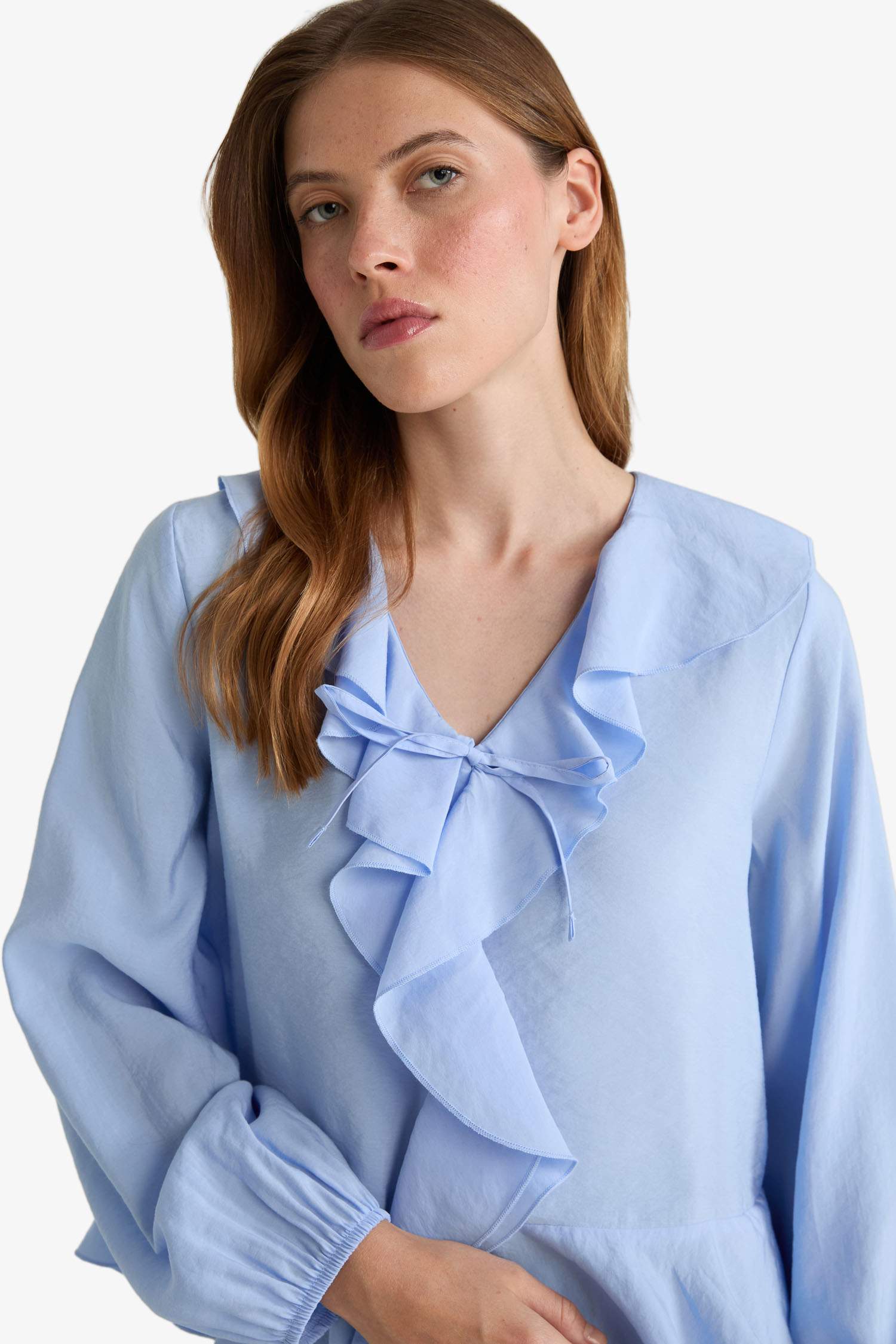 Regular Fit V-Neck Modal Ruffled Long-Sleeve Blouse
