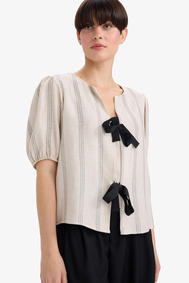 Regular Fit Crew Neck Linen Blend Front Tie Short Sleeve Blouse Hover Image