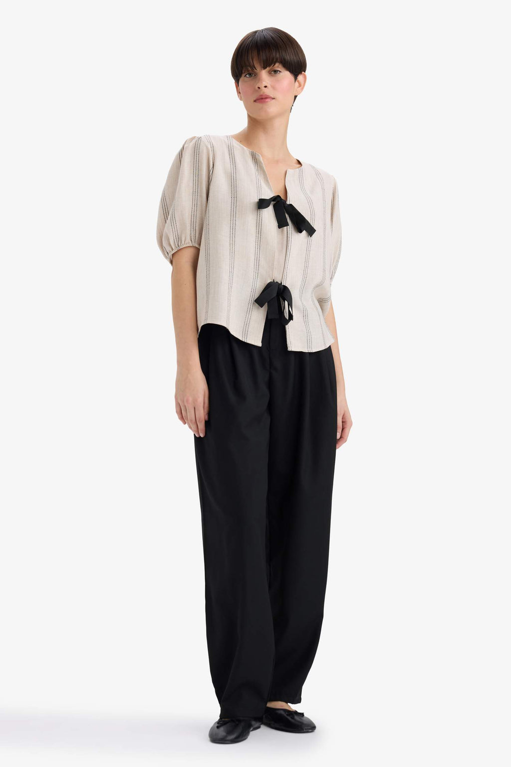 Regular Fit Crew Neck Linen Blend Front Tie Short Sleeve Blouse