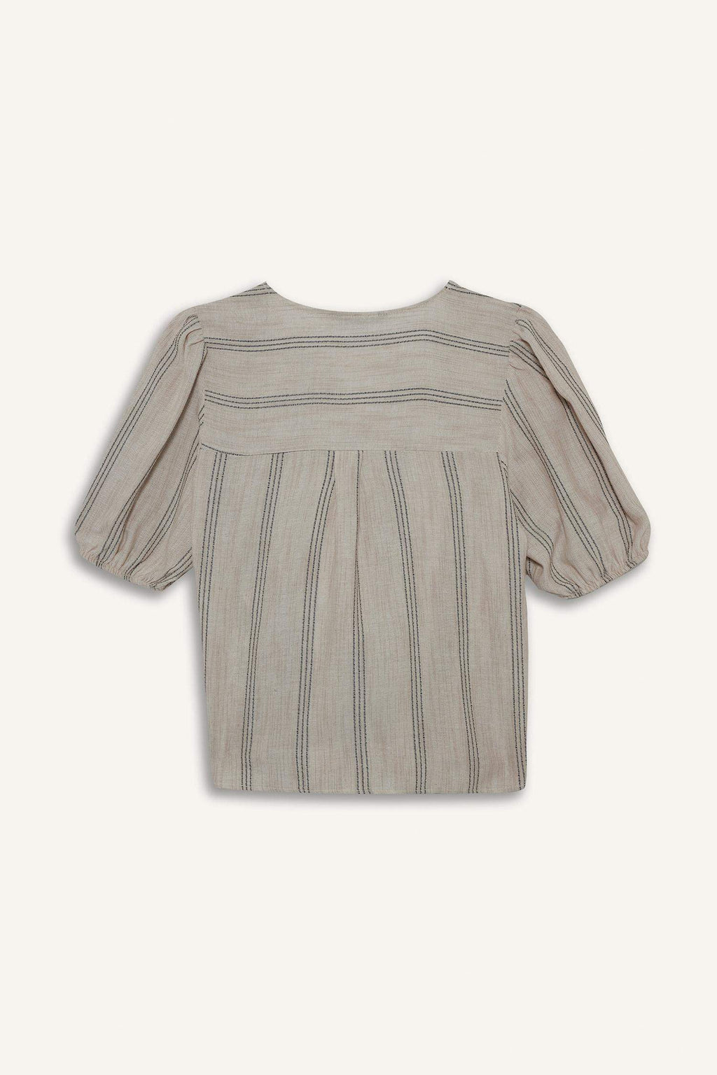 Regular Fit Crew Neck Linen Blend Front Tie Short Sleeve Blouse