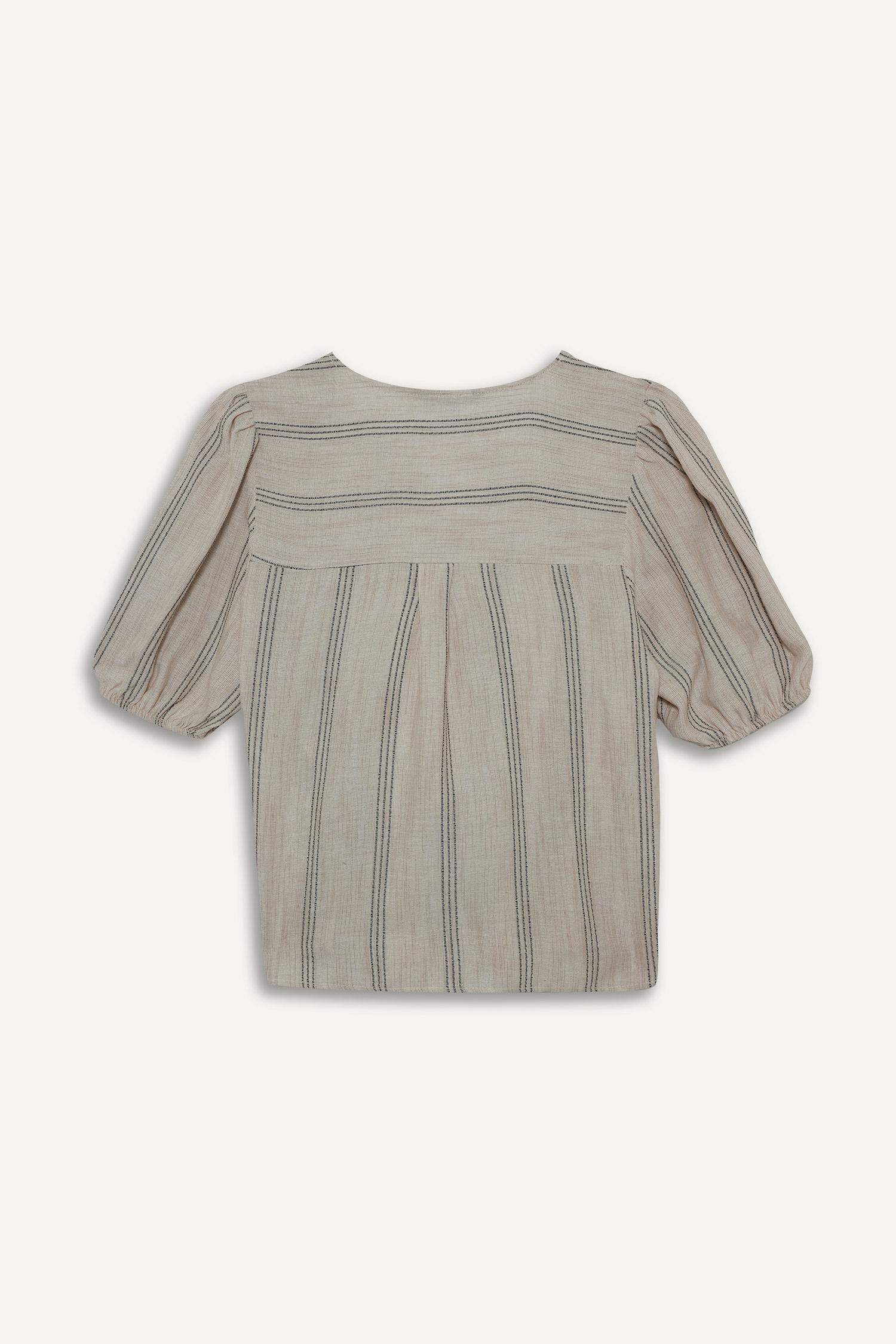 Regular Fit Crew Neck Linen Blend Front Tie Short Sleeve Blouse