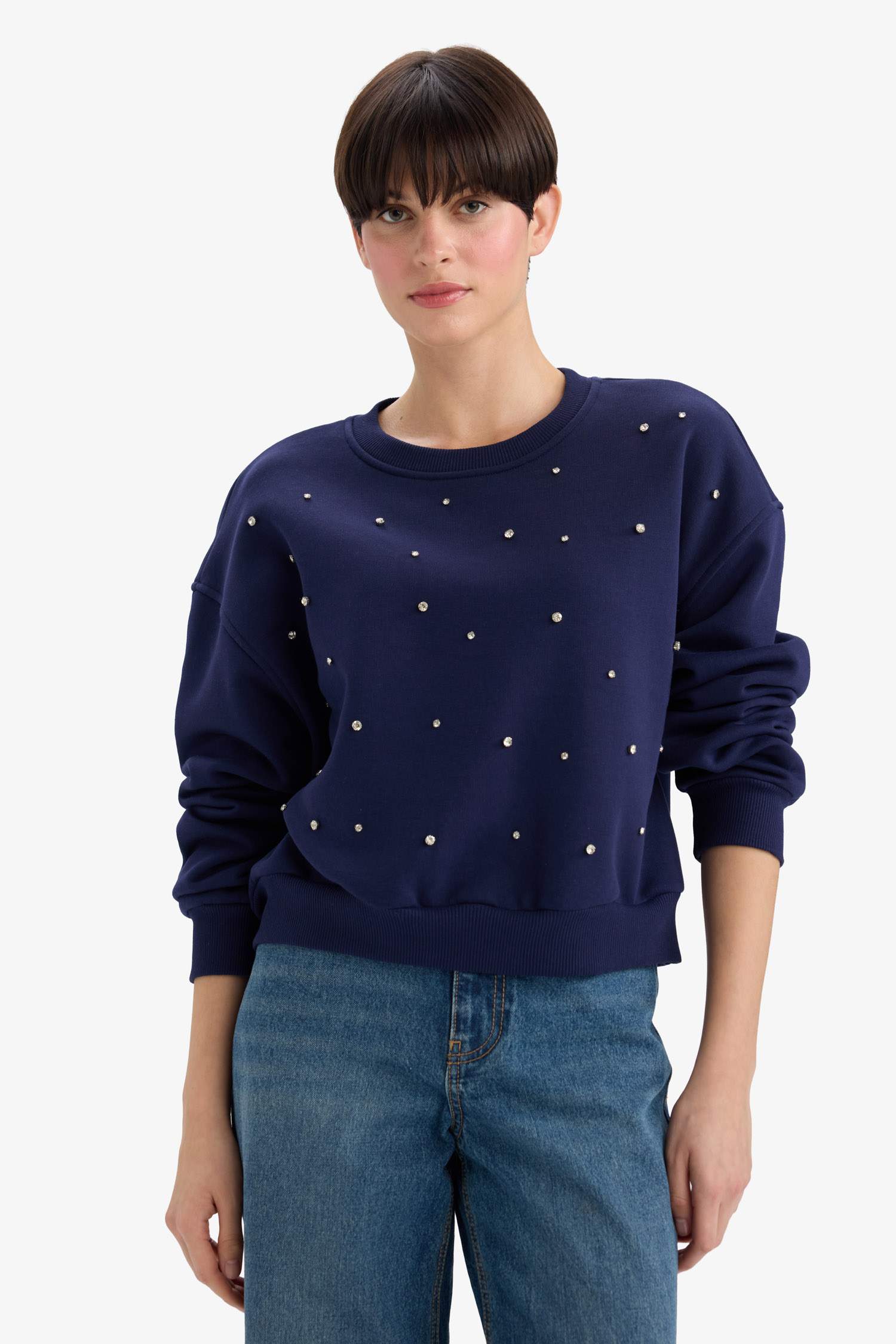 Boxy Fit Crew Neck Embroidered Thick Sweatshirt