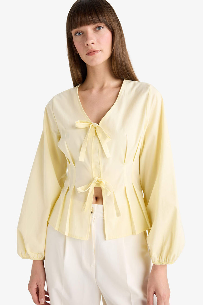 Fitted V-Neck Front Tie Poplin Long-Sleeve Blouse Hover Image