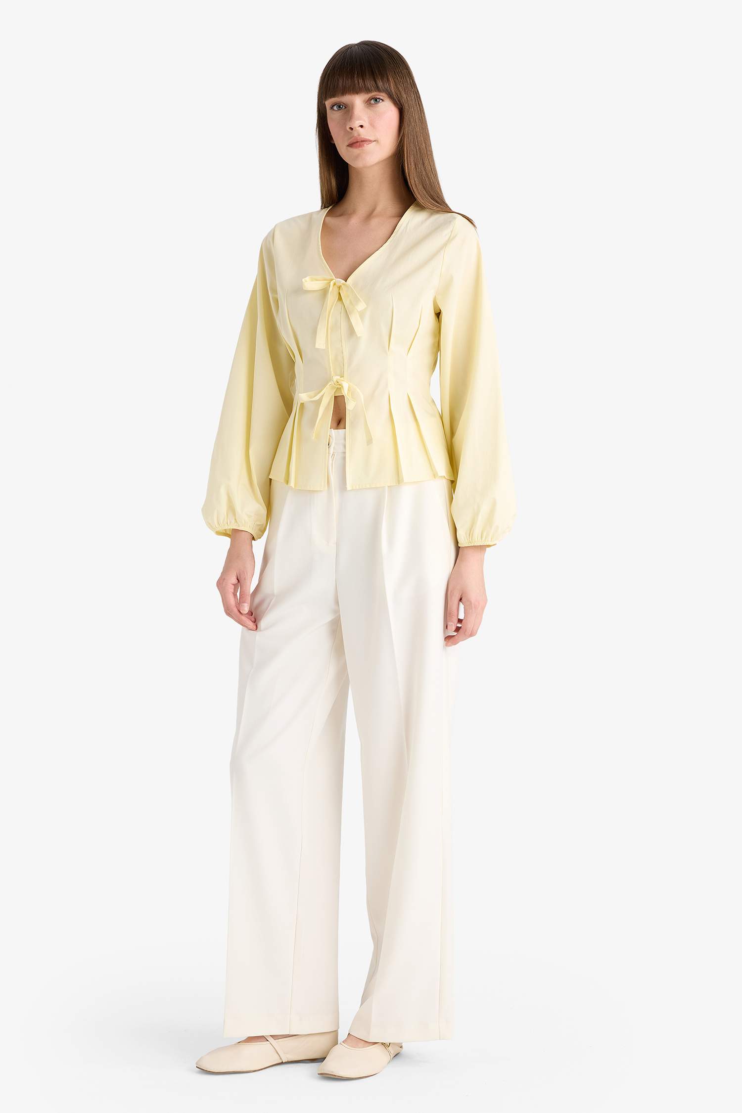 Fitted V-Neck Front Tie Poplin Long-Sleeve Blouse