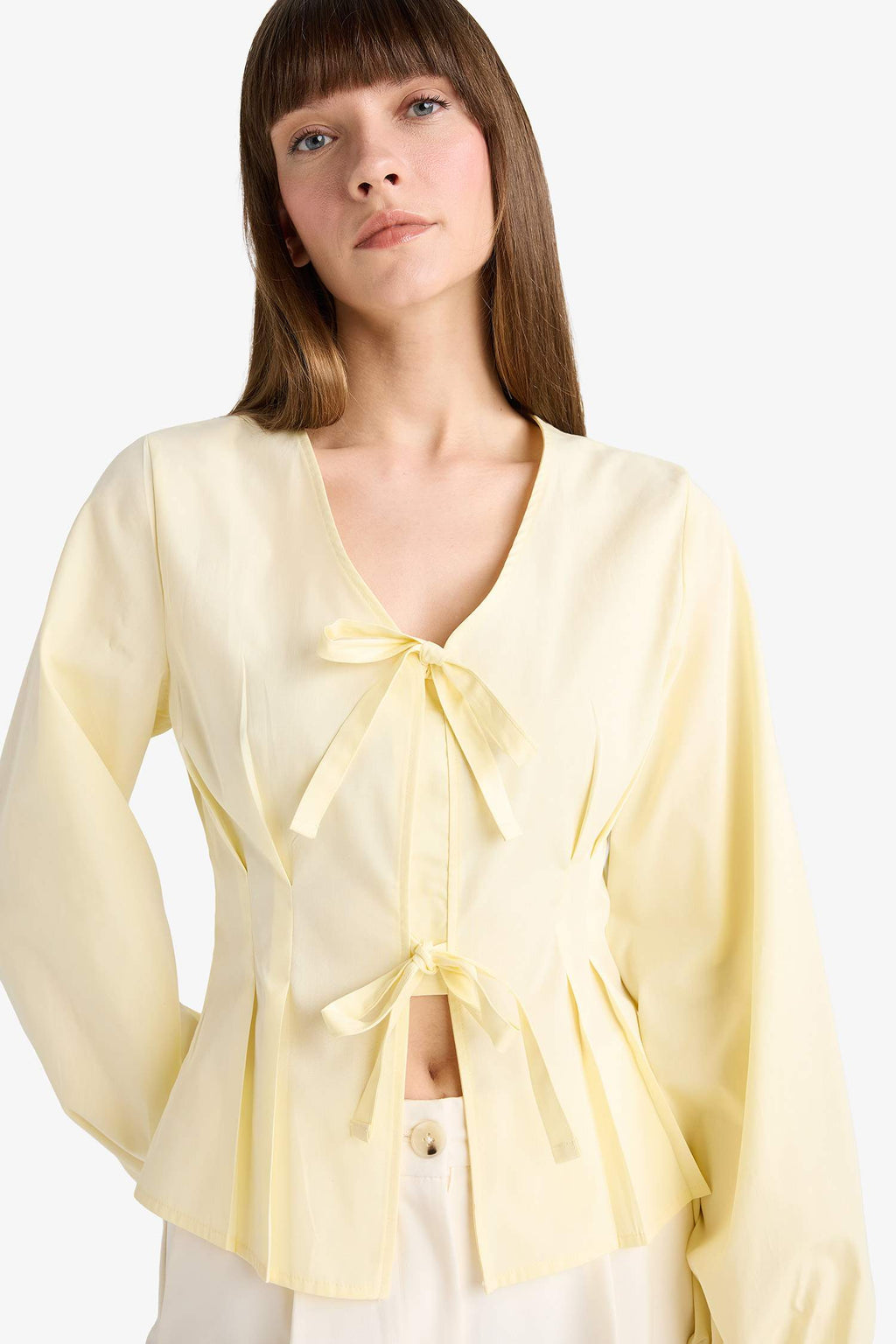 Fitted V-Neck Front Tie Poplin Long-Sleeve Blouse