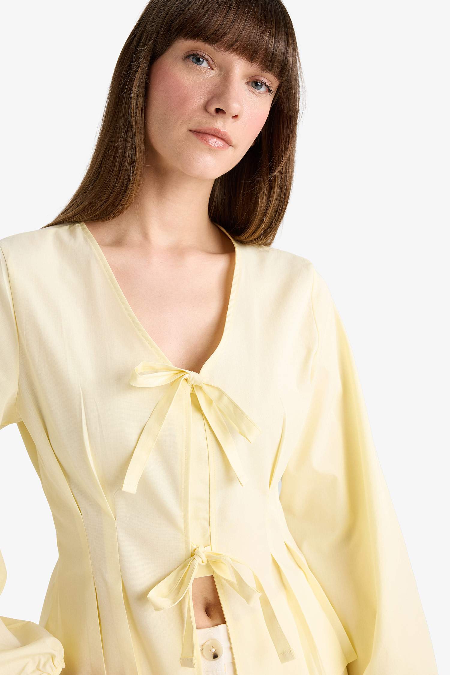 Fitted V-Neck Front Tie Poplin Long-Sleeve Blouse