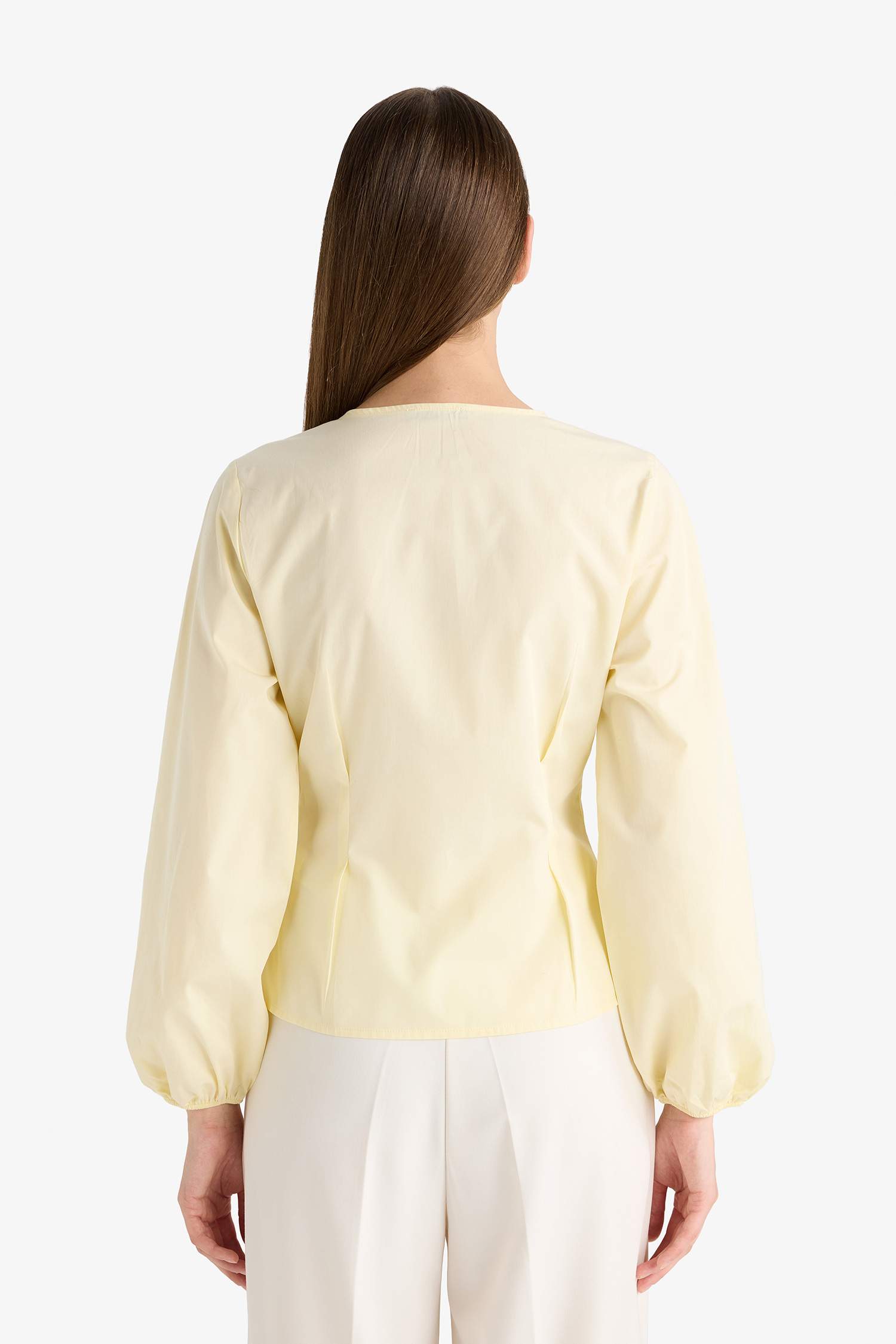 Fitted V-Neck Front Tie Poplin Long-Sleeve Blouse