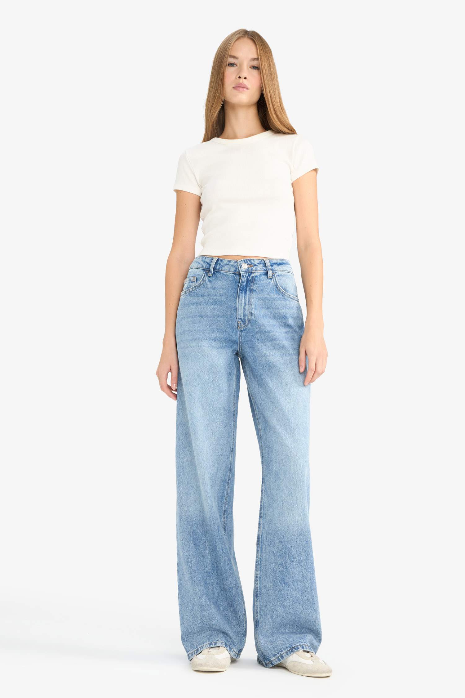 Low Waist Long Washed Jean Trousers