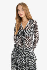 Fitted Polo Collar Zebra Patterned Front Tie Tulle Blouse