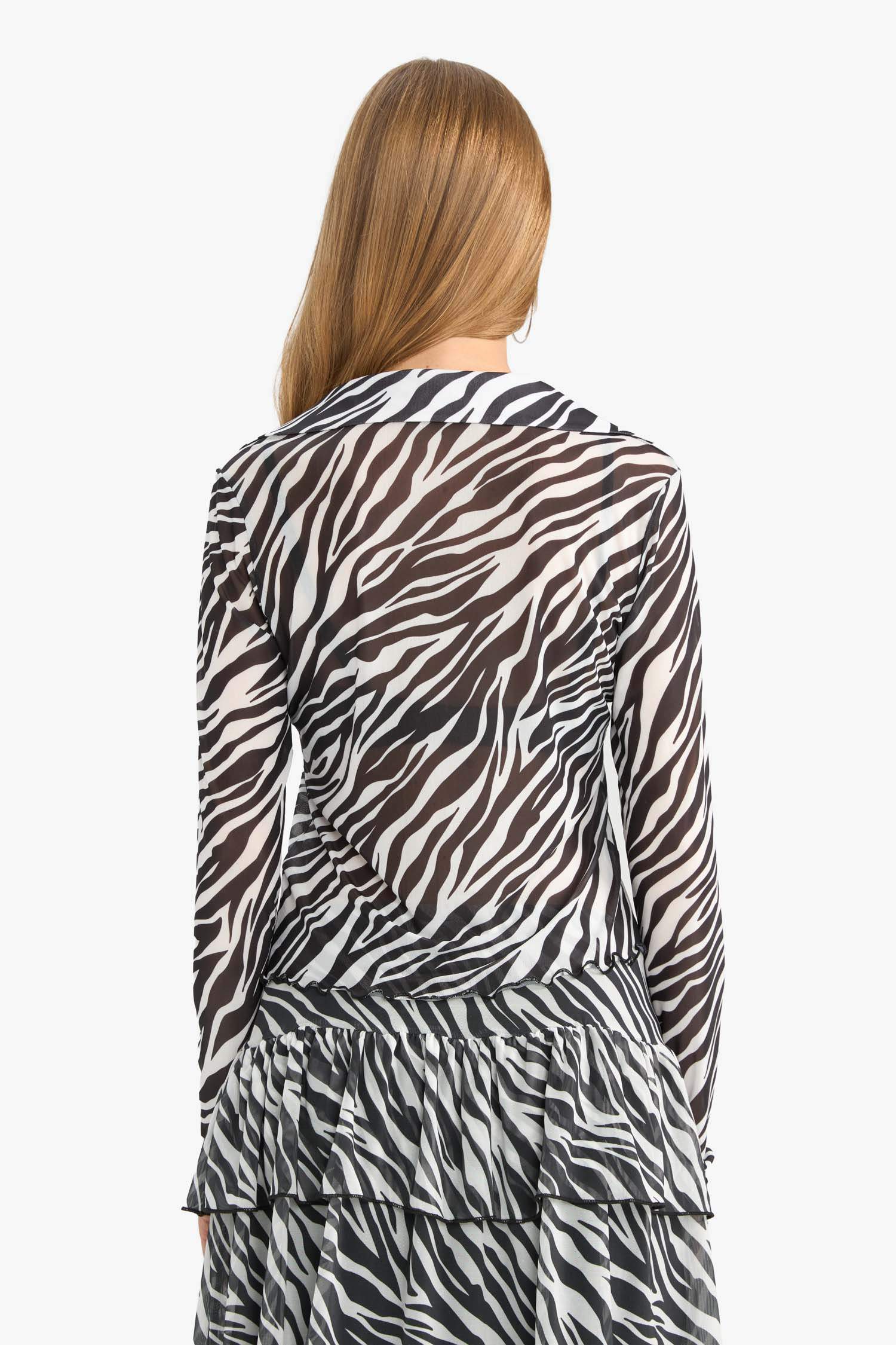 Fitted Polo Collar Zebra Patterned Front Tie Tulle Blouse