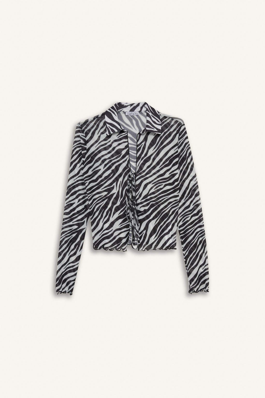 Fitted Polo Collar Zebra Patterned Front Tie Tulle Blouse