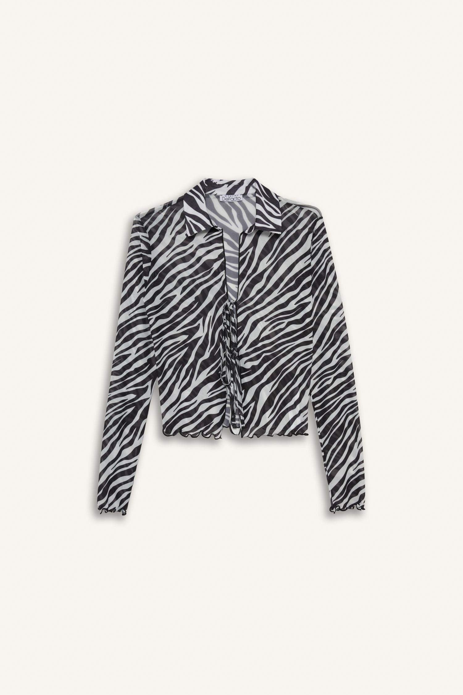 Fitted Polo Collar Zebra Patterned Front Tie Tulle Blouse