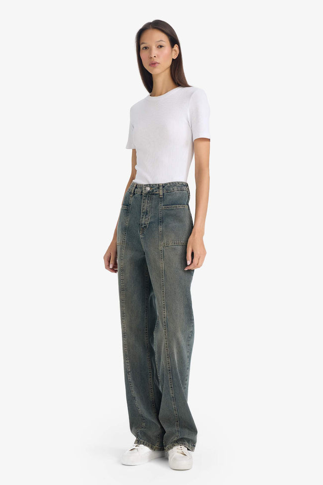 90s Wide Leg High Waist Long Washed Jeans Main Image